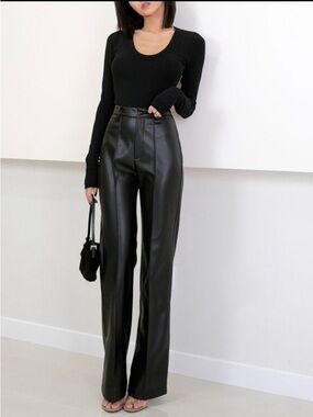 NWT Commense Black High-Waist Faux Leather Wide-Leg Pants